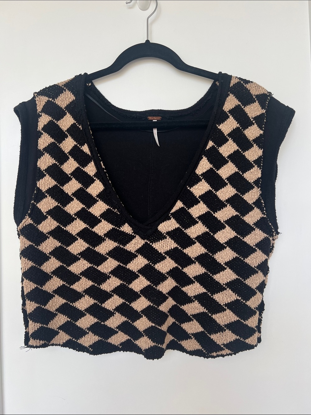 Free People Black and Beige Checkered V-Neck Sweater Vest